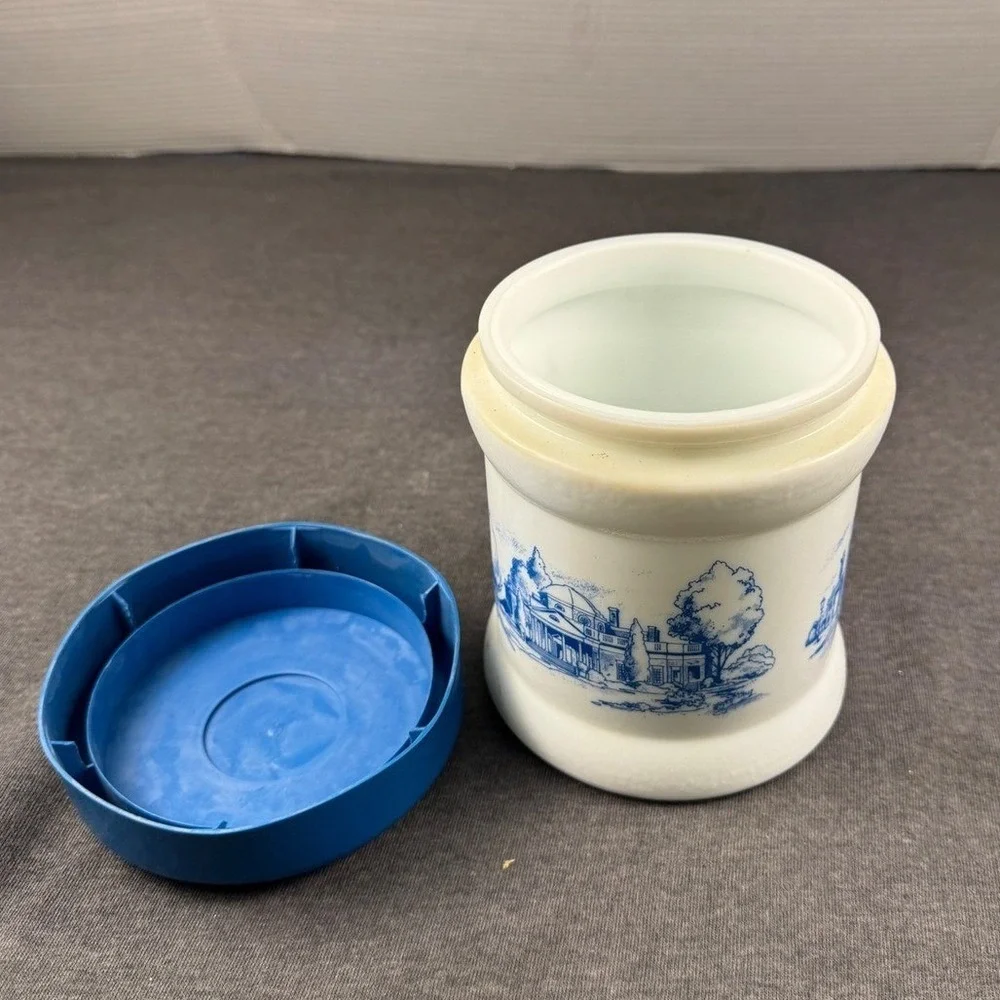 Vintage Blue White Ceramic Canister Pot Holder with‎ Scenic Landscape Design